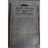 British railways train service Hull, Bridlington, Filey, Scarborough timetable. Dated September 1957