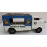 Tri-ang tinplate mobile shop, with white cab and blue body (length 36cm)