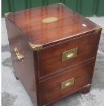 Mahogany campaign style two drawer chest with brass corner fittings and recessed handles