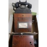 Post office fire emergency bakelite wall mounted telephone and box with wind up dynamo, and a post