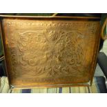 Keswick School of Industrial Art copper rectangular galleried tray, centre decorated in relief