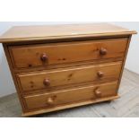 The Cabinet Workshop Warwick, pine chest of three long drawers on bun feet (90cm x 72cm x 45cm)