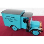 Tinplate clockwork model of an early 20th century removal van, blue body with black roof, for John
