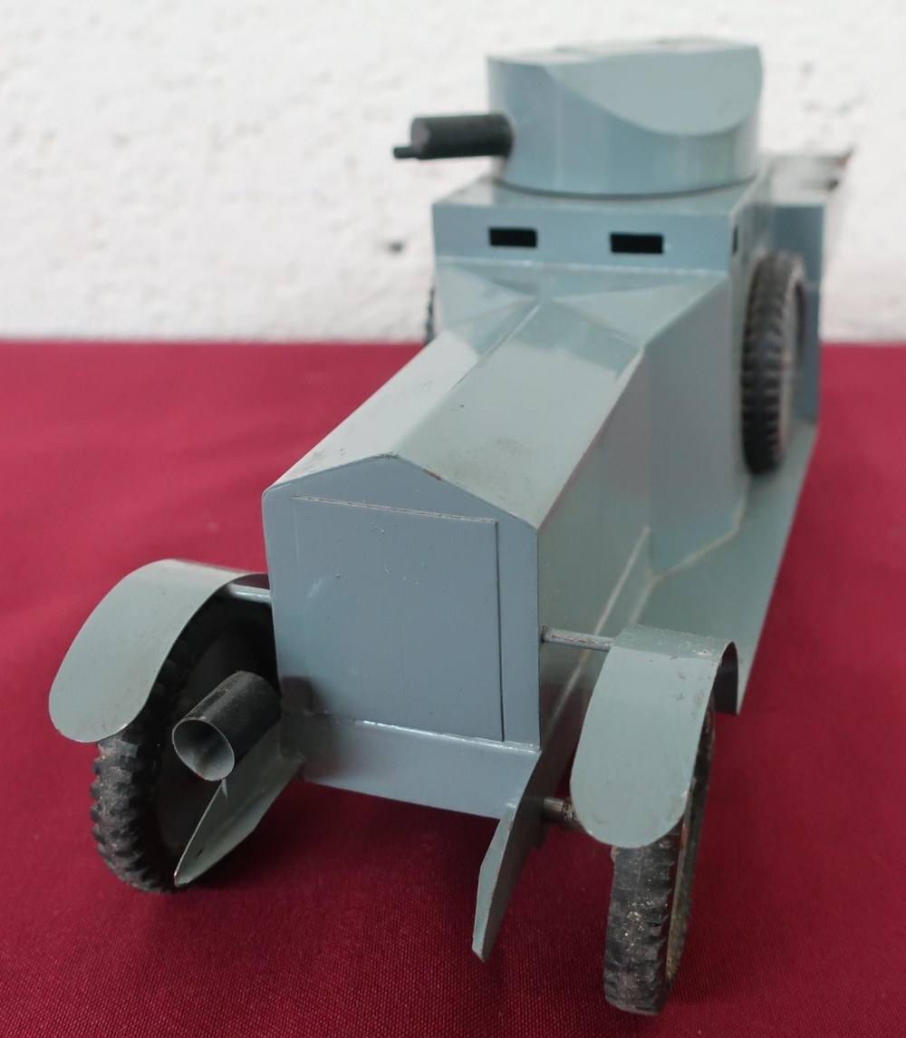 Hand made tin plate scale model of a WW1 RNAS Armoured Car, C. 79, grey body with swivel turret - Image 2 of 3