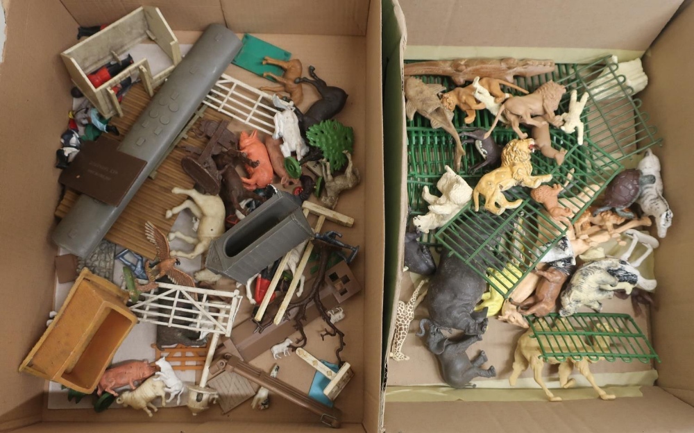 Collection of Britain's and others plastic farm and zoo animals, in two boxes