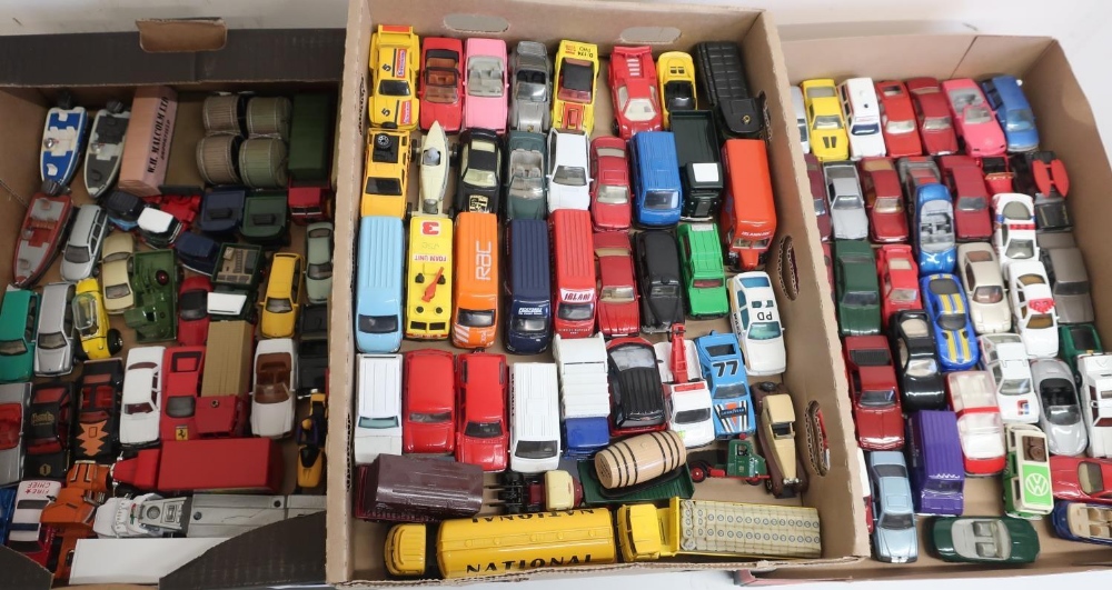 Collection of small scale model vehicles, Corgi, Matchbox, etc in three boxes