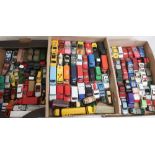 Collection of small scale model vehicles, Corgi, Matchbox, etc in three boxes