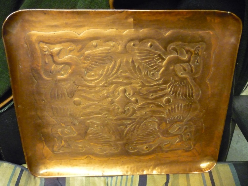 Newlyn School copper rectangular tray with raised border, centre decorated with exotic birds,