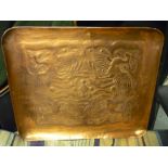 Newlyn School copper rectangular tray with raised border, centre decorated with exotic birds,