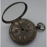 Victorian key wound silver cased pocket watch, silvered dial, with raised gold Roman numerals ,