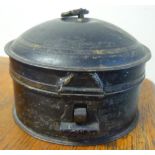 Early 19th C japped metal spice box with hinged circular top with six internal compartments and
