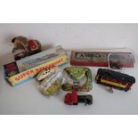 Box of various assorted toys including WWI Britain's Armies of the World, Clifford toy super speed
