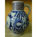 18th C Westerwald stoneware flagon, bulbous body with incised blue decoration,
