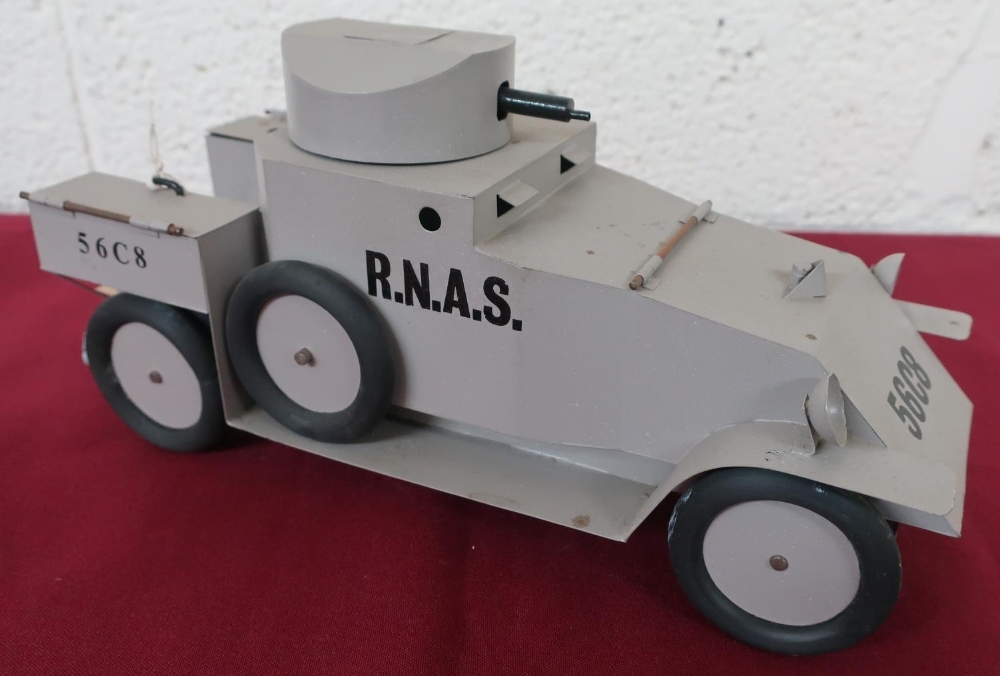 Hand made tin plate scale model of a WW1 RNAS Armoured Car, 56C8 , sand body with swivel turret