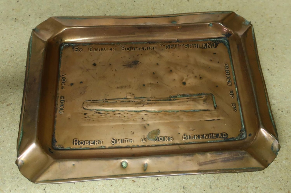Rectangular copper ashtray marked Ex German Submarine Deutschland, broken up by Robert Smith & Sons,