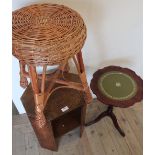 20th C oak two tier octagonal occasional table, reproduction tripod wine table, and a wicker