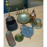 Selection of various brass, copper and other items in one box, including candlesticks, crumb