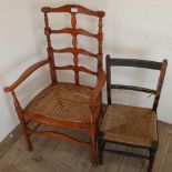 Edwardian beech framed ladder back open armchair with cane seat, and a small ebonised chair with