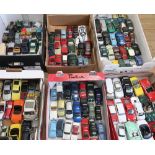 Collection of Sseca, Vanguard, Lledo and other unboxed die-cast models of cars in six boxes