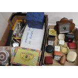 As new watch straps, watch boxes, RAF hip flask, collection of travel alarm clocks, oak cased