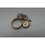 Gents 9ct gold hallmarked wedding band (cut), a footprints locket and a stone set pendant locket and