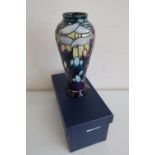 Boxed Moorcroft dragonfly pattern vase of tapering form (21cm) based marked 2000MHWM