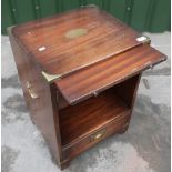 Mahogany campaign style hall table with slide two drawers, open shelf with brass corner mounts and