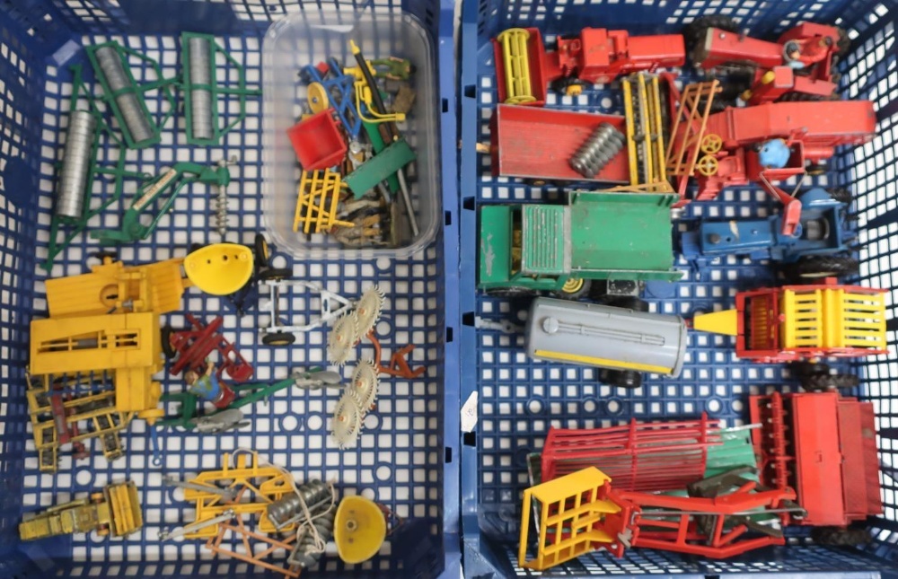 Britains, Corgi and other die-cast models of farm equipment, trailers, etc in two boxes