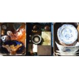 Collection of Masons Ironstone and other plates, two Carnival glass bowls, pr of small Satsuma
