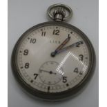 WWII L.I.C.S. pocket watch back bearing British Ordinance Mark G.S.P. numbered FO2O9O7, Swiss 15