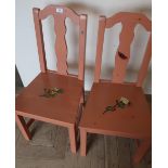 Pair of solid seat dining chairs, painted with flowers on square supports (2)