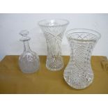 Large quantity of glassware including quality cut glass vases, decanters, water jugs etc (two boxes)