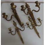 Pair of gilt metal Regency style twin branch wall lights with urn shaped finials (length 37cm) and a