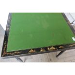 C.1920s chinoiserie square topped card table with four folding legs, and centre green baise panel (