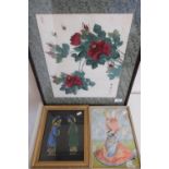 Oriental watercolour of silk, study of flowers, another study of two gentleman and a relief