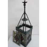 Victorian centre hanging hall lantern with lead glazed stained glass panels (lacking one panel) (