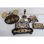 Victorian desk set comprising of ebonised and Gothic brass mounted inkwell and pen tray with cut