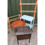 Reproduction mahogany tripod occasional table, two pine towel rail, a 1930s sewing box and a painted