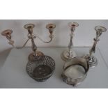 Set of four silver plated candlesticks, pair of silver plated twin branch candlesticks, silver