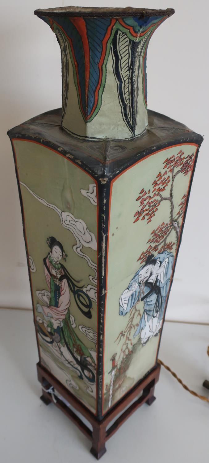 Early 20th C Chinese painted table lamp with tapering square body and hard wood stand and painted