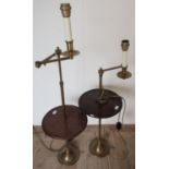 Pair of 20th C adjustable floor lamps with turned circular mahogany centre table, with turned