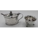 George V hallmarked silver oval mustard pot with blue glass liner, inscribed and dated 1914,