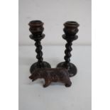 Small carved Black Forest style bear (4cm high) and a pair of small turned wood barley twist