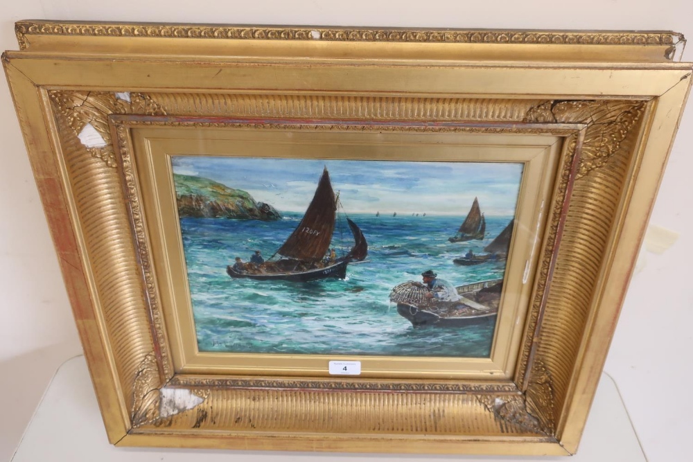 John R Reid R I, Fowey fishing boats and lobster fisherman off the coast, watercolour, signed and