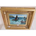 John R Reid R I, Fowey fishing boats and lobster fisherman off the coast, watercolour, signed and