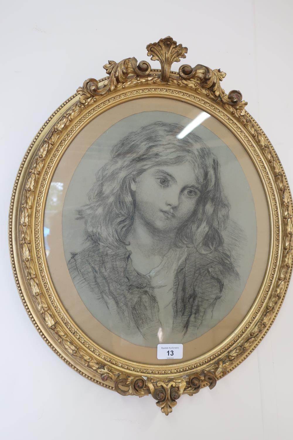 19th century half length portrait of a young girl, pencil with white, oval in giltwood and gesso