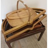 Gardeners fruit and veg style trug, mahogany stool base, two twin handled trays, and two fan frames