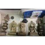 Three Indian brass models of deities, Indian one quarter Anna coin 1918, two Indian brass vases, etc