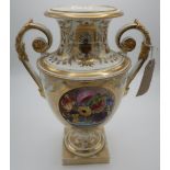 Early 19th C Derby porcelain two handled urn shaped vase, painted with a reserve panel of garden