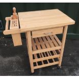 Modern pine beech kitchen preparation table trolley with single drawer, open shelves and offset